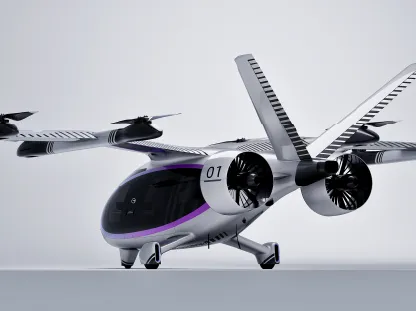 Auto volador GOVY AirJet de GAC MOTOR surcando el cielo sobre una ciudad moderna